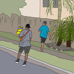 Aboriginal boys walking along footpath and road with snacks