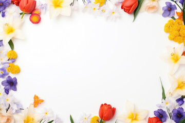 Vibrant Spring Flower Border on White Background