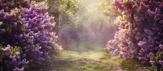 Naklejka premium Imaginary setting. Enchanted woods. Lovely scenery of spring with blooming lilac trees.