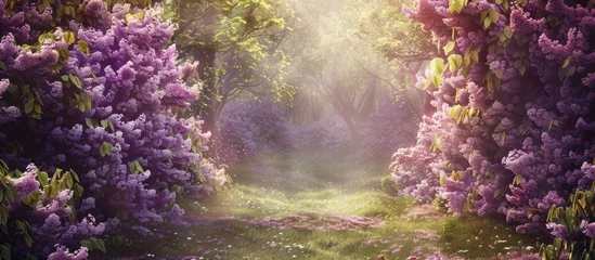  Imaginary setting. Enchanted woods. Lovely scenery of spring with blooming lilac trees. © Vusal