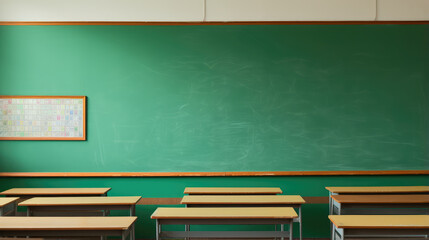 Empty Classroom with Green Chalkboard and Wooden Desks