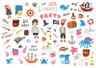 Cute Pirate elements collection. Cartoon sea adventures items set. Vector illustration