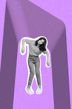 Fototapeta Creative photo collage upset woman under pressure visual effect illusion in her mind looks like robot isolated on magenta background