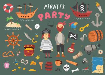 Cute Pirate elements collection. Cartoon sea adventures items set. Vector illustration