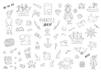 Cute Pirate elements collection. Cartoon sea adventures items set. Vector illustration