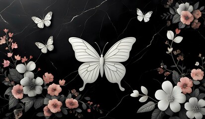 marble background with flower designs and butterfly silhouette, wall decoration in black tones