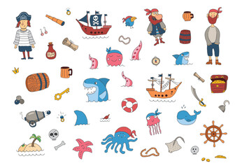 Cute Pirate elements collection. Cartoon sea adventures items set. Vector illustration