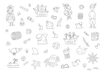 Fototapeta premium Cute Pirate elements collection. Cartoon sea adventures items set. Vector illustration