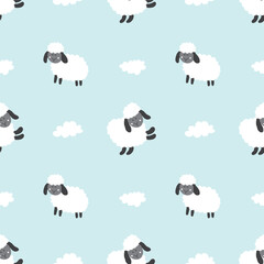 Cute Sheep Seamless Pattern, Cartoon Background vector Illustration