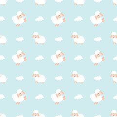 Cute Sheep Seamless Pattern, Cartoon Background vector Illustration