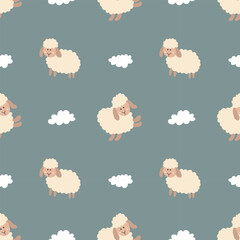 Cute Sheep Seamless Pattern, Cartoon Background vector Illustration