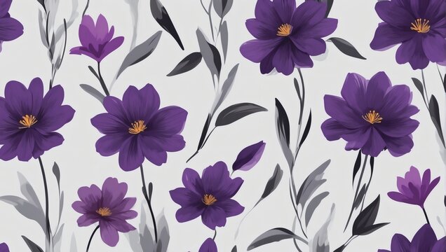 Abstract background of purple flowers on a gray background in the style of painting. Beautiful, minimalistic print.