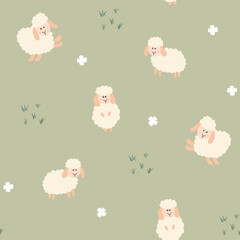 Cute Sheep Seamless Pattern, Cartoon Background vector Illustration