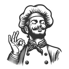 italian or french chef making a perfect taste hand gesture, culinary excellence satisfaction sketch engraving generative ai fictional character vector illustration. Black and white image. - 789404032