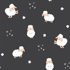 Cute Sheep Seamless Pattern, Cartoon Background vector Illustration