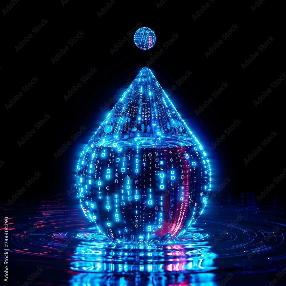 Wall mural digital blue water drop icon with binary code, artificial intelligence in water resource management,