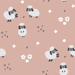 Cute Sheep Seamless Pattern, Cartoon Background vector Illustration