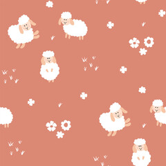 Cute Sheep Seamless Pattern, Cartoon Background vector Illustration