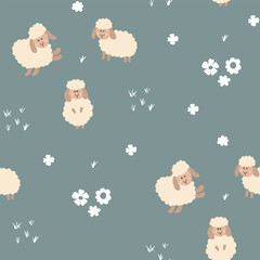 Cute Sheep Seamless Pattern, Cartoon Background vector Illustration
