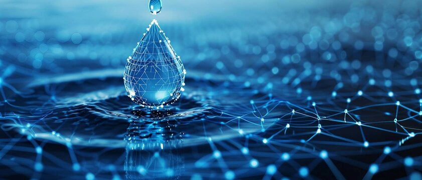 digital blue water drop icon with binary code, artificial intelligence in water resource management, hydrology modeling, environmental monitoring, analysis for sustainable conservation efforts.

