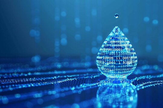 digital blue water drop icon with binary code, artificial intelligence in water resource management, hydrology modeling, environmental monitoring, analysis for sustainable conservation efforts.
