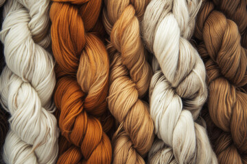 Assorted Wool Yarn Skeins in Earth Tones for Handcrafted Textile Projects - obrazy, fototapety, plakaty