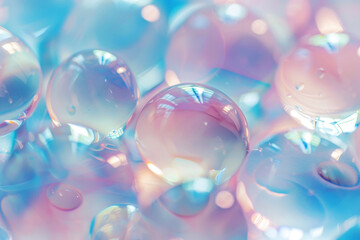 Luminous Soap Bubbles with Delicate Rainbow Reflections on Blue Background - obrazy, fototapety, plakaty