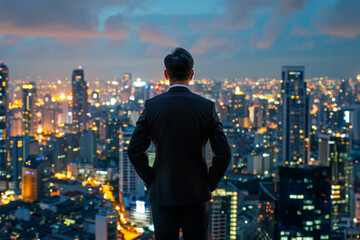 Contemplative Businessman Overlooking a Glittering Urban Nightscape