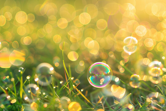 Magical Morning Dew on Fresh Green Grass with Sparkling Light Bokeh