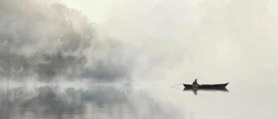 Fototapeta na wymiar Tranquil Solitude: Fisherman Misty Lake