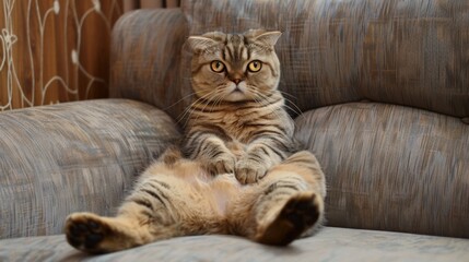 Interested ScottishFold cat is sitting like a man on the couch - obrazy, fototapety, plakaty
