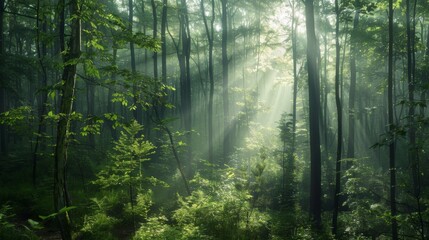 Lush green forest with sunlight filtering through the trees, highlighting the beauty and importance of preserving natural ecosystems.