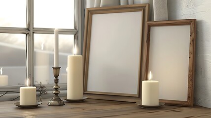 Fototapeta na wymiar blank photo frames and candlesticks on wooden table