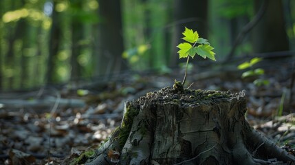 Regeneration from the Roots, Young Tree Sprouts from a Stump,  Symbol of Resilience in a New Shoot, Nature's Phoenix , showing new generation with heredity, conceptual image - obrazy, fototapety, plakaty
