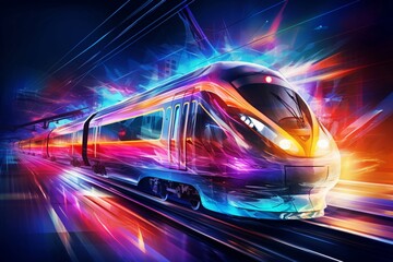 Fototapeta premium Futuristic image concept of a neon glowing of a high speed train runs through the city center at night. Generative AI.