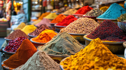 Various spices are arranged in large metal bowls at a market.

