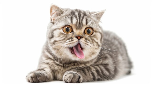 Scottish Fold cat is sitting with his tongue hanging out