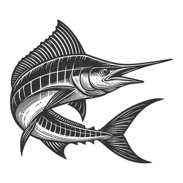 recommend clip art: sailfish blue marlin fish sketch engraving generative ai fictional character vector illustration. Scratch board imitation. Black and white image.