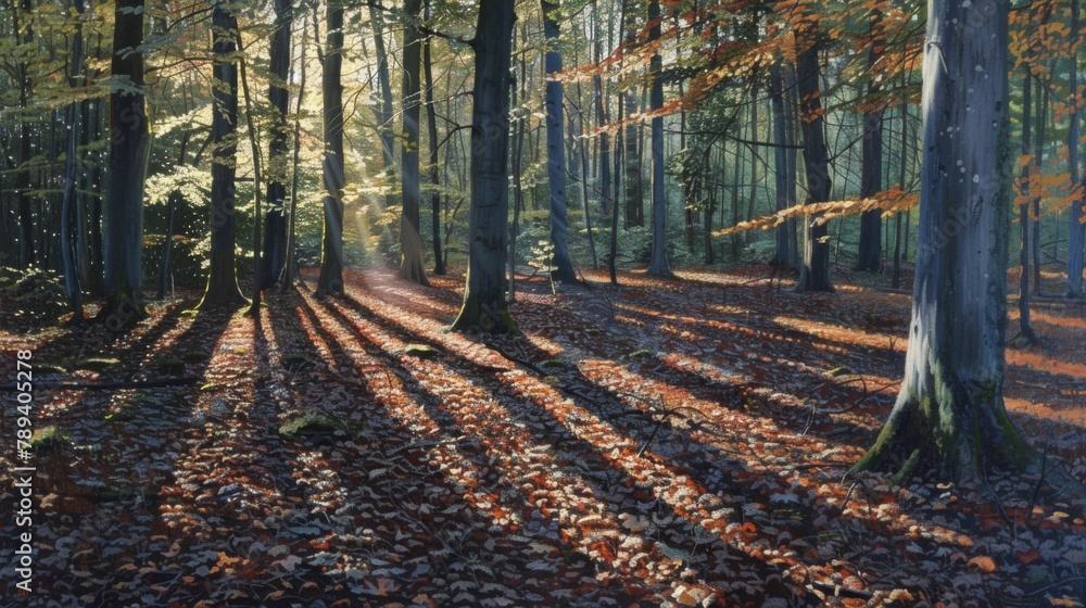 Aufkleber shadows of leaves dappling sunlight on a forest floor, creating a captivating play of light and shad