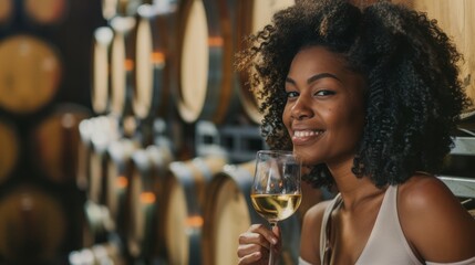 Wine tasting woman drinking chardonnay or sauvignon blanc in winery cellar among vineyard barrels. Elegant oenologist or sommelier sipping a fancy drink indoors. - obrazy, fototapety, plakaty