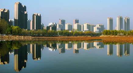 The city park in spring, the willow trees on the riverbank, the river, and the skyline