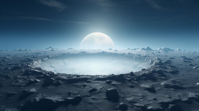 3D scene picture of a huge crater on a desolate alien wilderness
