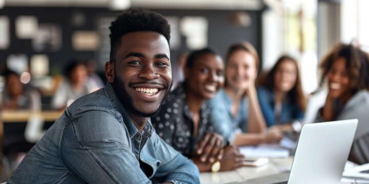 Teamwork in a digital marketing startup, advertising agency, or strategy meeting. Smiley black man or woman with inventive global office tech