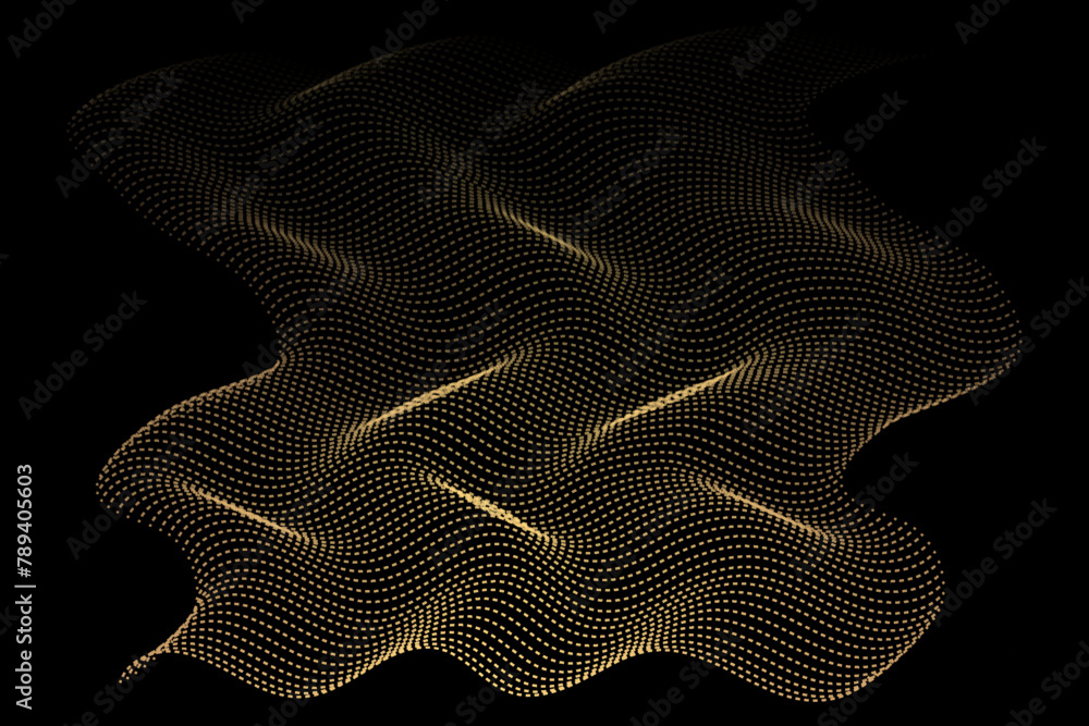 Fototapete flowing dot particles wave pattern, gold isolated on black background wave with lines created using 