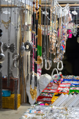 Various colorful shapes and shades of costume jewelleries, junk jewelleries, handicrafts on display at Jodhpur city, Rajsathan, India.