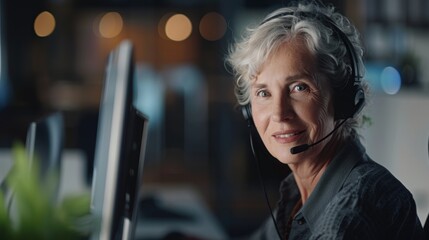Fototapeta na wymiar Telemarketing, consultant, smiling elderly woman, customer service, and workplace call center. Mature female employee, entrepreneur, and agent with office headset, happiness, and tech support.