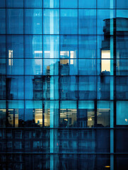 Blue Glass Architecture and Office Interior View