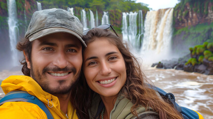 A woman and a man face the camera on the observation deck at Iguazu Falls. Argentines visit the Iguas waterfall from Brazil. - Powered by Adobe