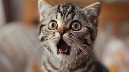 Young crazy surprised cat make big eyes closeup. Scottish fold cat surprised and opening mouth wide.