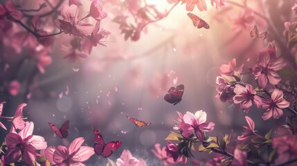 Enchanting Sakura Blossom: A Serene Haven of Pink Petals and Fluttering Butterflies